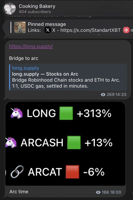 Telegram channel 'Cooking Bakery' shows a post about bridging stocks to Arc with LONG +313%, ARCASH +13%, and ARCAT -6%, with a link to https://long.supply/.