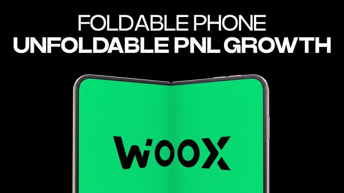 Advertisement graphic reading 'FOLDABLE PHONE UNFOLDABLE PNL GROWTH' above a foldable phone displaying a bright green screen with the 'WOOX' logo.