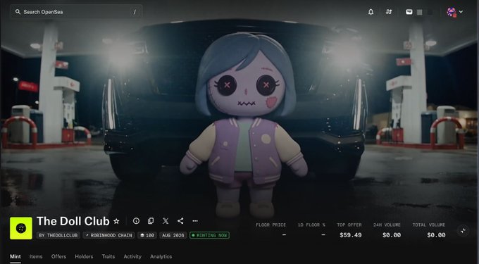 An OpenSea NFT listing page for 'The Doll Club' by THEDOLLCLUB on the Rosewood Chain, showing a stylized doll figure in front of a car with a floor price of 0.198.