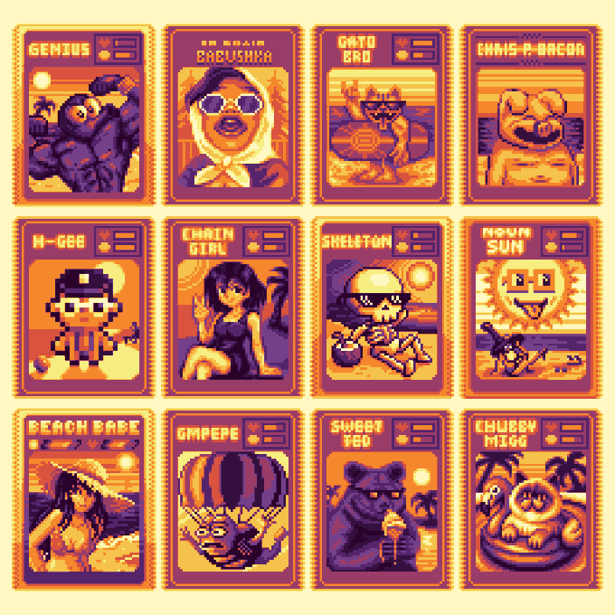 A collection of 12 pixel art trading cards with an orange/purple color scheme featuring characters with names like 'GENIUS', 'IN DA BRAIN BRUNSHI', 'GATO BRO', 'CHRIS-P-BACON', 'M-GEE', 'CHAIN GIRL', 'SKELETON', 'MOUM SUN', 'BEACH BABE', 'GMPEPE', 'SWEET TEO', and 'CHUBBY MIGO'.