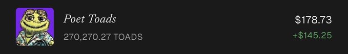 A portfolio widget shows "Poet Toads" holdings of 270,270.27 TOADS valued at $178.73, up +$145.25. The image humorously ties to the post's reference to "retire sloth" by displaying the toad-themed crypto position he's apparently been building, suggesting retirement can wait until the Toads tools are complete.