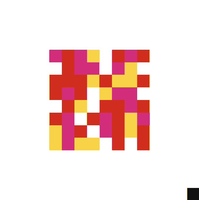 A pixelated, grid-style art piece featuring blocks of red, magenta, and yellow colors against a white background, resembling a low-resolution digital mosaic or early video game aesthetic. The vibrant, scattered squares create an abstract, playful design with no discernible text or recognizable figures, likely representing a stylized version of Jack Butcher's signature minimalist NFT artwork being given away.