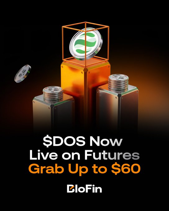 Promotional graphic for BloFin announcing the listing of DOS-USDT Futures, featuring 3D-rendered coin stacks atop metallic pedestals with the headline "$DOS Now Live on Futures – Grab Up to $60" in white and orange text, tying into the trading and rebate event running through August 27.