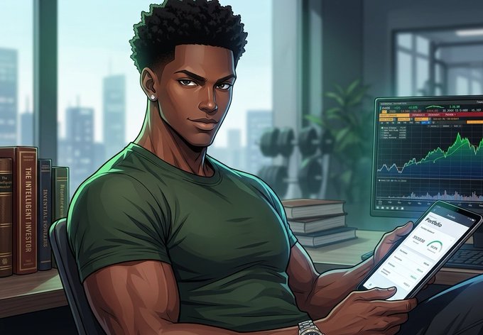 The image features a man sitting at a desk with his legs crossed, holding a tablet computer or phone. The background of the image shows a cityscape with buildings outside a window. The caption for the image reads "GM Time to put down the phone, step outside, and touch some actual grass—don' t worry about the grind—your phone can stay busy background-hosting @Acurast compute nodes and earning rewards while you enjoy the morning".