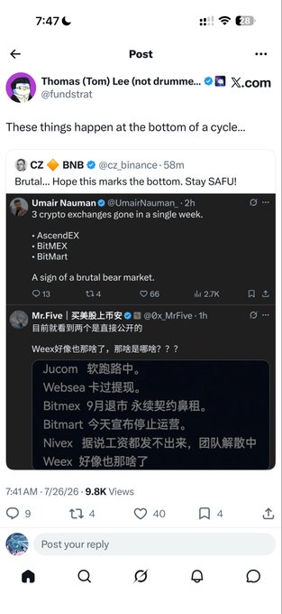 A X post from Thomas (Tom) Lee (@fundstrat) shares screenshots of CZ and Mr. Five both suggesting crypto has hit a market bottom. This directly supports the caption's claim that "people are calling out the bottom," using CZ's tweet "Brutal... Hope this marks the bottom. Stay SAFU!" and Mr. Five's tweet highlighting issues at Jucom, Websea, Bitmex, Bitmart, Nivex, and Weex as evidence of an ongoing bear market that is far from over.