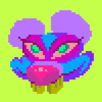 A pixel art image of a colorful flower-like character with a face, featuring purple petals, green eyes, and a pink nose against a green background.