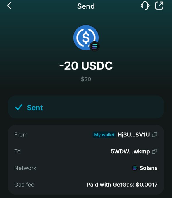 A transaction confirmation screen showing a successful -20 USDC ($20) send on the Solana network, paid with a gas fee of $0.0017. The image serves as proof of a crypto withdrawal or transfer, supporting the post's claim about winning earnings from wallet activity.