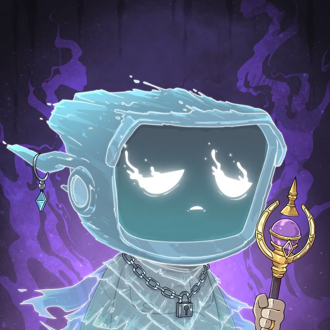 A digital illustration of an ice-themed character with a TV-like head displaying glowing white eyes, wearing a lock necklace and holding a staff topped with a purple gem against a dark purple background.