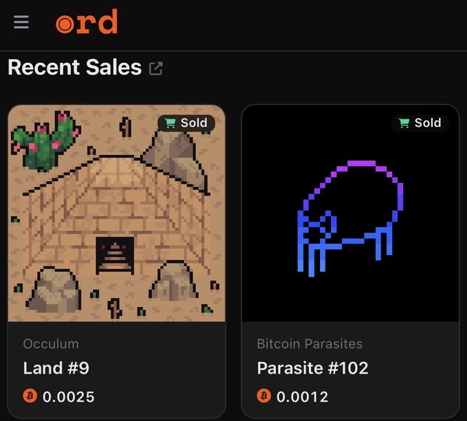 A mobile app interface for "ord" shows recent sales including "Occulum Land #9" sold for 0.0025 Bitcoin and "Bitcoin Parasites Parasite #102" sold for 0.0012 Bitcoin.