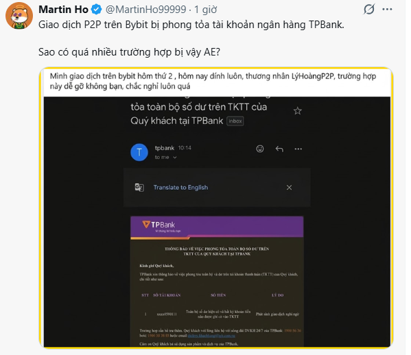 Tweet by Martin Ho (@MartinHo9999) discussing P2P transactions on Bybit being frozen due to TPBank account blocks, with a screenshot of a TPBank transaction freezing notice.