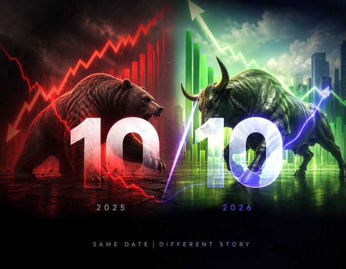 A financial split-graphic showing a red bear for '2025' and a green bull for '2026' with the tagline 'SAME DATE | DIFFERENT STORY'.