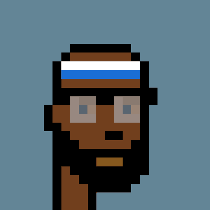 A pixel art portrait of a dark-skinned character wearing a white and blue headband against a blue background.