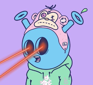 A cartoon illustration of a blue cylindrical robot character with a monkey face on top, shooting red laser beams from its eyes against a purple background.