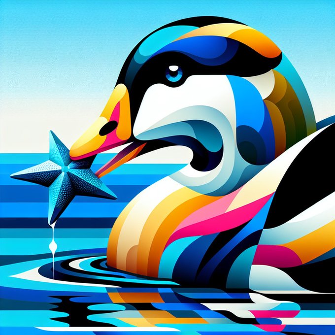 A vibrant pop-art style illustration depicts a colorful puffin holding a blue starfish in its beak, surrounded by stylized water in bright blues, pinks, and yellows.