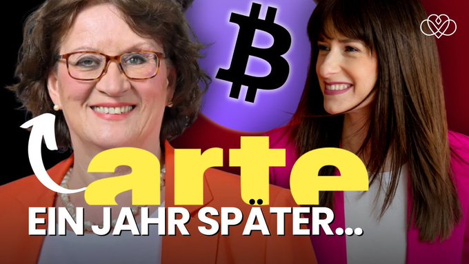 A YouTube-style thumbnail shows two smiling women with a Bitcoin logo between them, with the text 'arta' and 'EIN JAHR SPÄTER...' in yellow and white.