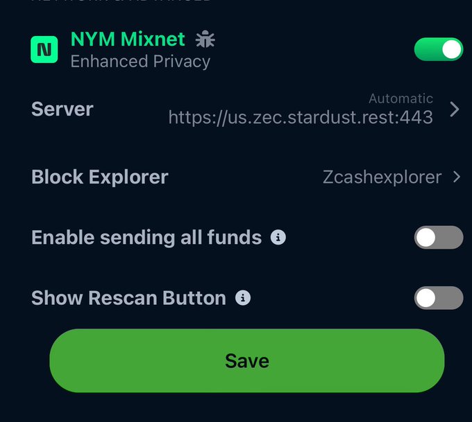 A cryptocurrency wallet settings screen showing NYM Mixnet enhanced privacy enabled, with server set to https://us.zec.stardust.rest:443 and Block Explorer set to Zcashexplorer, along with toggles for sending all funds and rescan button.