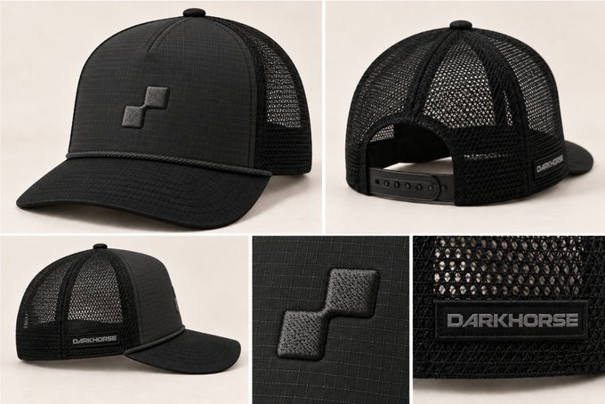 A product collage displaying multiple angles of a black 'DARKHORSE' branded trucker cap with a mesh back, adjustable snap closure, and a small geometric logo on the front panel.