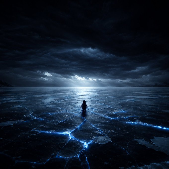 The image shows a person standing alone on an icy surface, possibly a frozen lake or ocean, with a stormy sky above them. The scene appears to be set against a dark background, which emphasizes the solitary figure of the person. The caption "Solana" is present in the image, but its relevance to the overall theme and context remains unclear without additional information about the post's content.