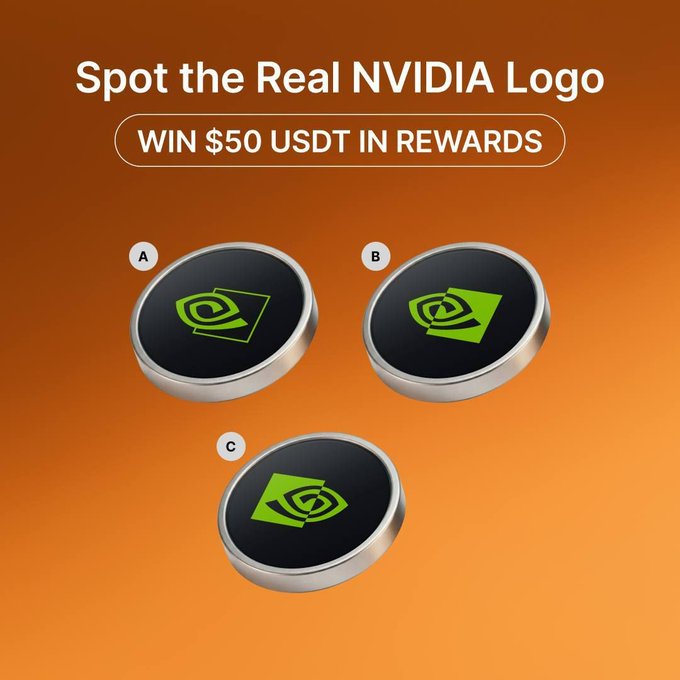 A gaming-style challenge image displaying "Spot the Real NVIDIA Logo" with a "WIN $50 USDT IN REWARDS" banner above three options (A, B, C) featuring variations of the green NVIDIA eye logo on metallic coin-like discs. This relates to the post announcing winners of the "$50 USDT Spot The Logo" contest, where participants had to identify the authentic NVIDIA branding to win prizes.