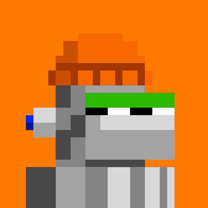 Pixel art illustration of a gray character with a brown hat and green headband against an orange background.