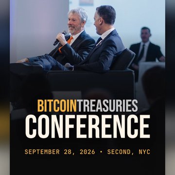 A promotional graphic for the 'Bitcoin Treasuries Conference' taking place on September 28, 2026, in Second, NYC, showing two men in suits seated at a panel discussion.