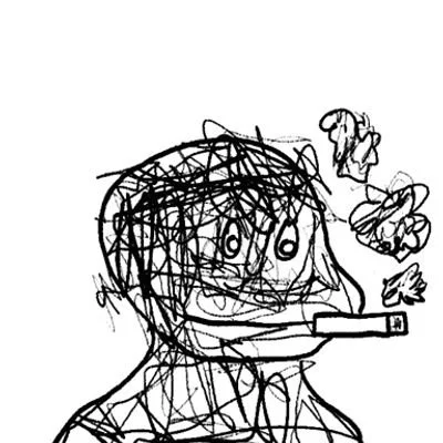 A rough black-and-white sketch of a character with a scribbled hairstyle, large eyes, and a cigarette in their mouth, with smoke billowing to the right.
