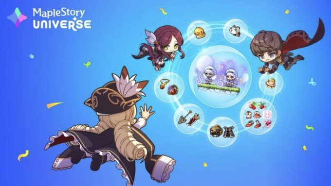 Promotional artwork for MapleStory Universe featuring chibi-style characters floating around a central bubble containing game icons and a skeleton scene.