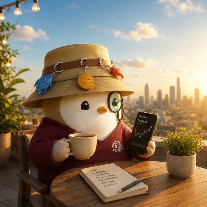 A cute cartoon penguin character wearing a straw hat with fish and shell charms, holding a coffee mug and a smartphone showing a stock chart, sits at a table on a rooftop with a city skyline at sunset.