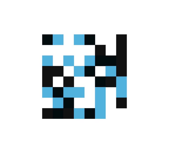 A pixelated QR code in black, white, and light blue colors.