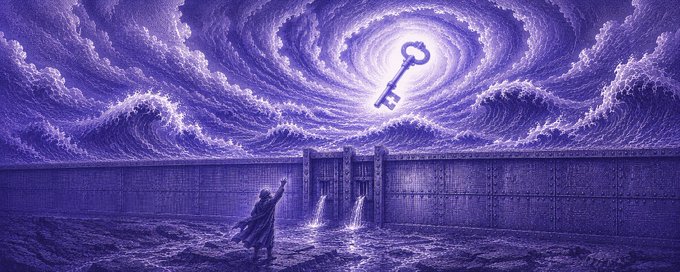 A purple-toned surreal fantasy landscape showing a cloaked figure reaching toward a giant glowing key floating in a swirling vortex above a massive dam with waterfalls.