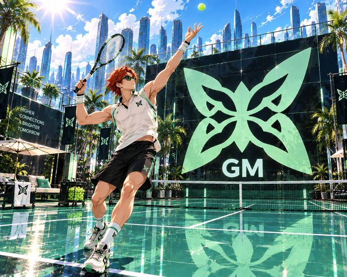 An anime-style illustration of a red-haired tennis player mid-serve on a court, with a futuristic city skyline in the background and a 'GM' logo featuring butterfly wings on the wall.