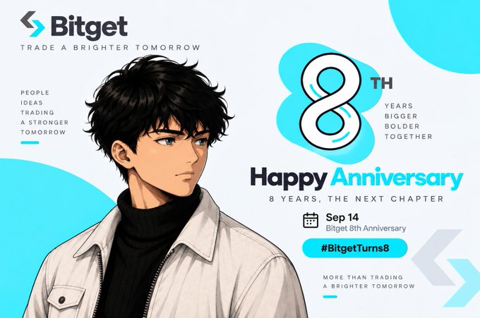 A Bitget 8th anniversary promotional image showing an anime-style male character, with text 'Bitget TRADE A BRIGHTER TOMORROW', '8TH Happy Anniversary', 'Sep 14 Bitget 8th Anniversary', and the hashtag '#BitgetTurns8'.