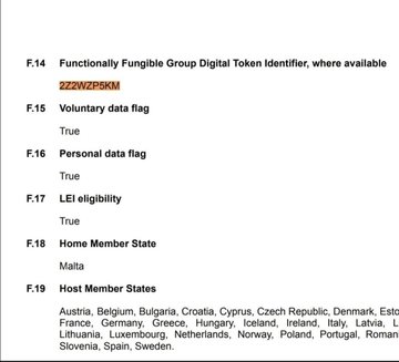 The image shows a data register listing details including a Functionally Fungible Group Digital Token Identifier "ZZWZP5KM", with various flags set to "True" and listing Malta as the Home Member State alongside numerous European countries as Host Member States. This relates to the Pi Network being officially registered with the DTI Foundation (DTIF) under ISO 24165, as confirmed by the registration details displayed.