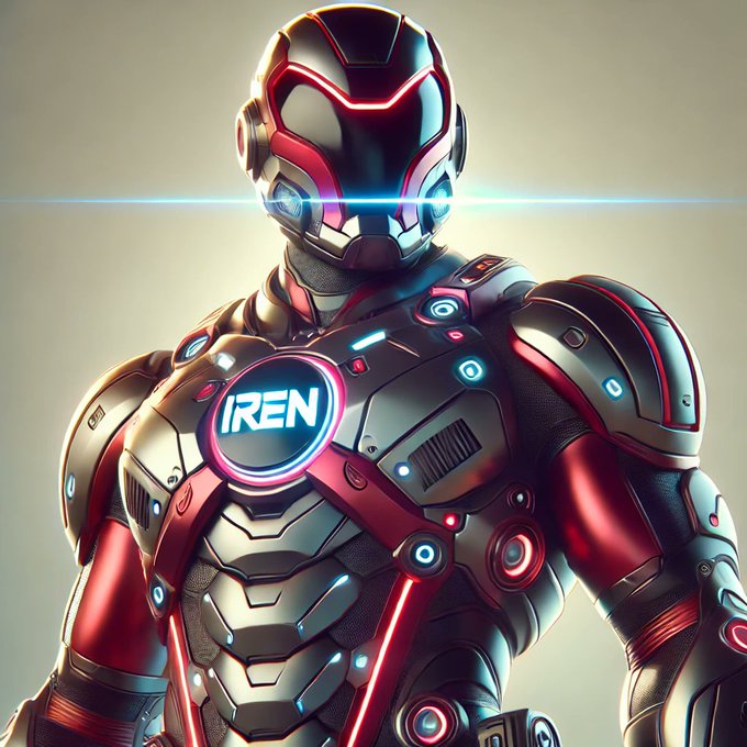 A digital artwork of a futuristic armored superhero figure in red and silver metallic suit with glowing blue visor and chest emblem displaying 'IREN'.