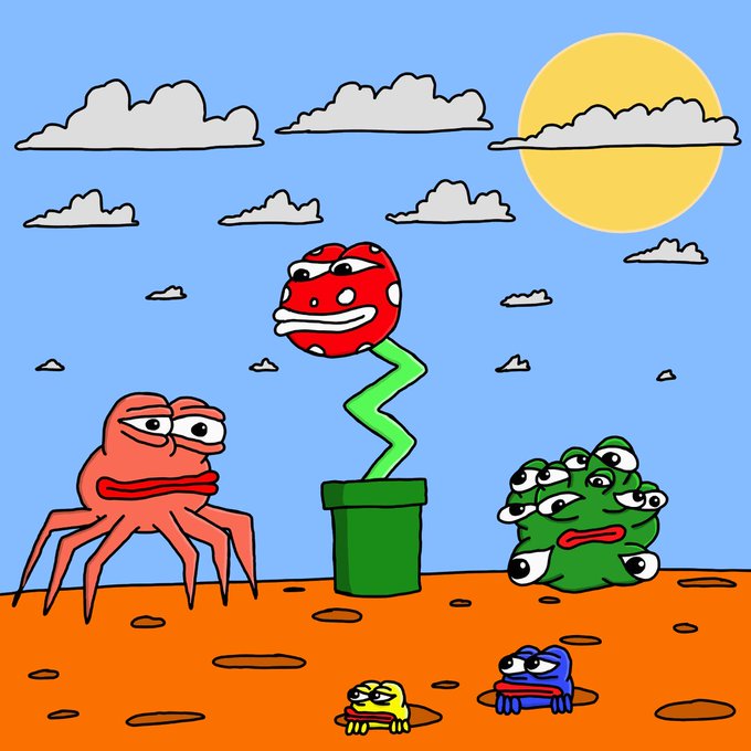 A colorful cartoon illustration featuring a red piranha plant in a green pot, a red spider-like creature, a green multi-eyed creature, and small colorful frogs on a brown landscape under a blue sky.