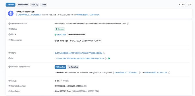 An Etherscan transaction page showing a successful ETH transfer of 766.25 ETH ($2,081,835.60) from address 0x119e...d48e to 0xcc2c...0d10, completed at block 26067309 about 36 minutes ago.