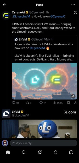 A screenshot of a social media post by 'CyreneAI' announcing '.@LitecoinVM is Now Live on @CyreneAI', detailing a syndicate raise for 'LitVM's private round'.