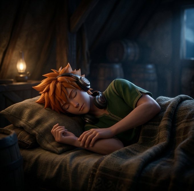 A young, spiky-haired character with goggles rests soundly on a soft pillow under a cozy blanket, with a warm lantern glowing softly in the background. The serene, dreamlike setting embodies the post's peaceful message to the Base community—to rest, recharge, and let tomorrow's ideas take shape.