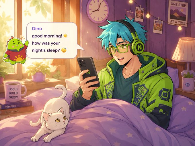 A vibrant anime-style illustration of a blue-haired young man with glasses and headphones waking up in bed and reading a 'good morning' text message from a green dinosaur character named 'Dino', with a white cat nearby.