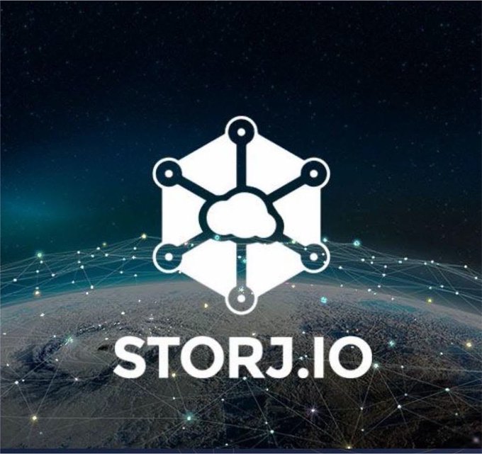 A Storj.io logo featuring a cloud and network hexagon symbol set against a starry space background with connected network lines.