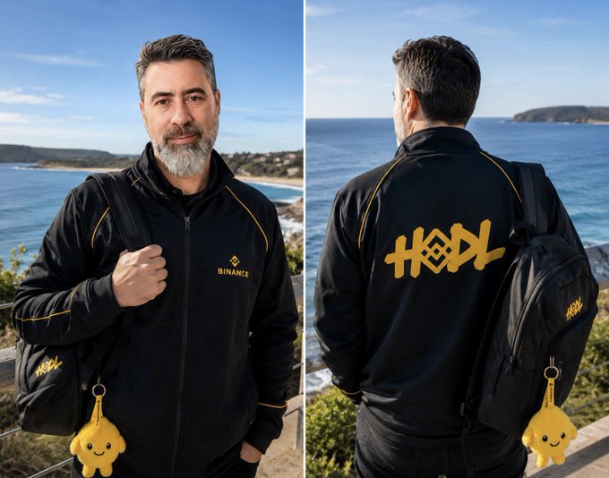 Front and back views of a man with a beard wearing a black Binance-branded jacket and backpack, with a yellow star-shaped plush keychain, standing at a coastal cliffside location.