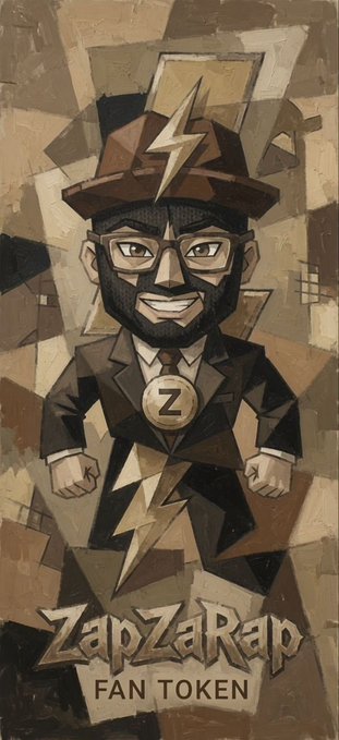 A stylized cartoon mascot of a bearded man wearing glasses, a lightning bolt hat, and a "Z" medallion appears above the text "ZapZaRap FAN TOKEN," tying into the promotional post for the $zAp meme token launch on Solana.