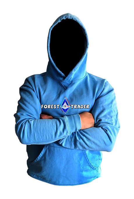 A faceless person wearing a blue hooded sweatshirt featuring the "Forest Trader" logo with a geometric triangle emblem stands with arms crossed, projecting an anonymous yet confident presence that aligns with the poster's reintroduction after a long absence from the platform.