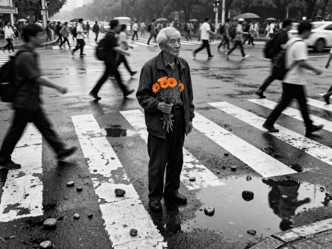 A black-and-white street photograph of an elderly man standing still on a crosswalk holding a bouquet of orange flowers, while pedestrians rush by in the rain.
