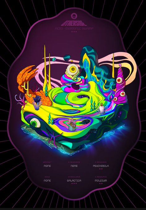 A vibrant psychedelic digital art poster featuring swirling colorful alien-like terrain with eyes, coral, and fantasy elements on a dark purple background with text credits including 'ARTIFACT: none', '3. RESOURCE: none', and 'MOJOLUNA'.