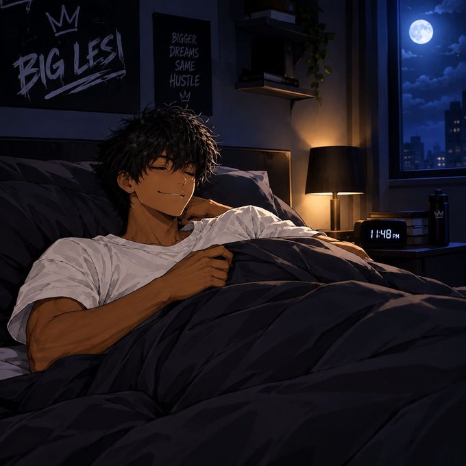 An anime-style illustration of a smiling young man lying in bed at night, with posters reading 'BIG LEST' and 'BIGGER DREAMS SAME HUSTLE' on the wall, and a digital clock showing 11:48 PM.