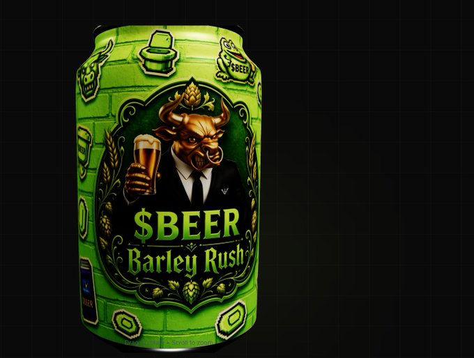 A green beer can labeled '$BEER Barley Rush' features an illustration of a bull in a suit holding a glass of beer against a dark brick-patterned background.