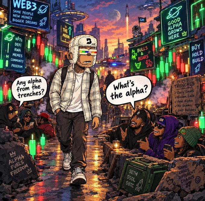 A colorful crypto-themed comic illustration features speech bubbles saying 'Any alpha from the trenches?' and 'What's the alpha?', surrounded by signs like 'WEB3', 'GOOD ALPHA GROWS HERE', and 'BUY HOLD BUILD', with a box displaying tickers like 'SETH', '$SOL', and '$BTC'.