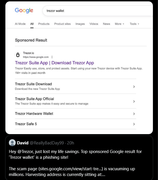 A Google search for "Trezor wallet" displays a sponsored phishing ad from "Trezor.io" linking to "sites.google.com/view/start-tre...", alongside a tweet from "@ReallyBadDay99" warning that this scam site has cost users their life savings by harvesting crypto wallet addresses. The image illustrates the Google Ads phishing scam problem that the post's accompanying text critiques, noting that wallets like @zkxwallet aim to circumvent Google search by offering curated dApp suggestions directly within their Web App.