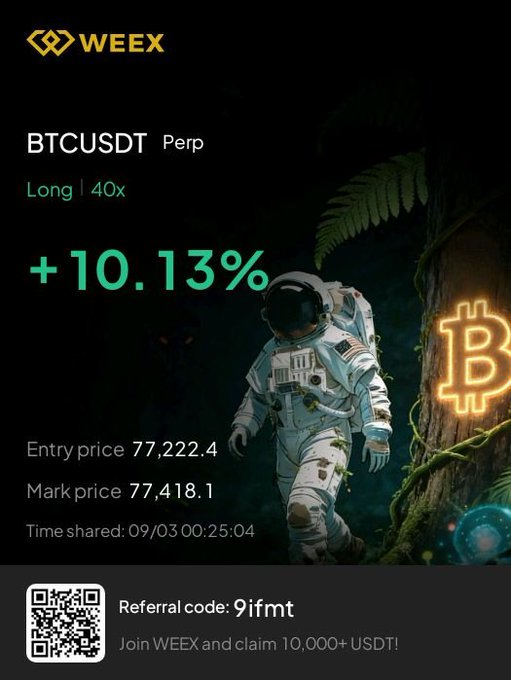 A WEEX exchange promotional image showing a BTCUSDT Perp Long position with 40x leverage at +10.13% profit, displaying entry price 77,222.4, mark price 77,418.1, and referral code 9ifmt with a QR code, featuring an astronaut and glowing Bitcoin logo.